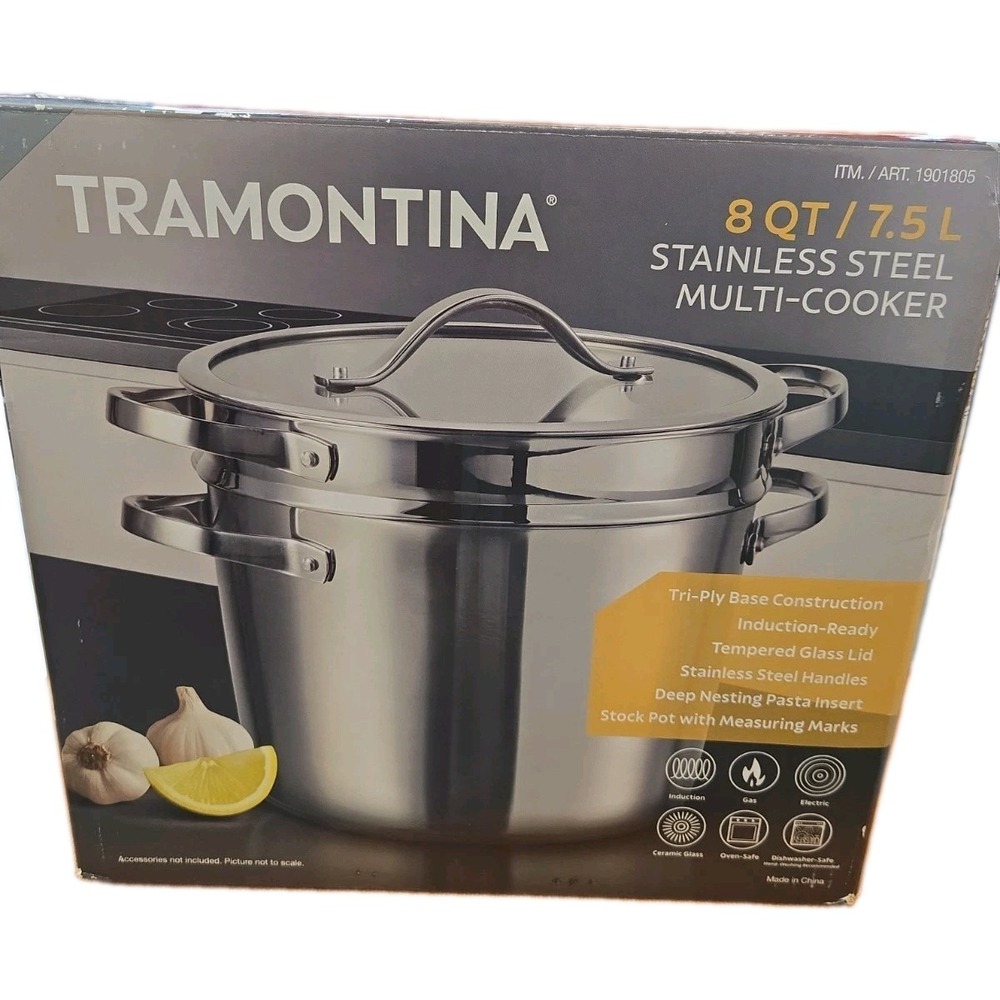 Tramontina 8qt Stainless Steel Tri-ply Base Multicooker Pot w/ Pasta Insert Used